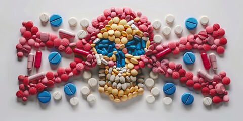 Skull Made of Pills on White Surface. Generative AI