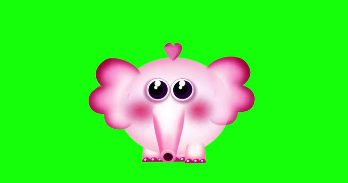 Baby elephant turning wants to be a unicorn or a pony greenbox. Animated cute cartoon character. Sweet, pink and happy. 
