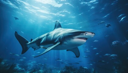Fototapeta premium Great White Shark in the ocean, portrait of White shark hunting prey in the underwater