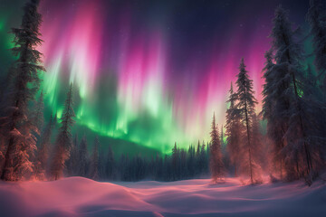 Northern lights dancing above a dense forest of coniferous trees, casting an ethereal glow over the landscape