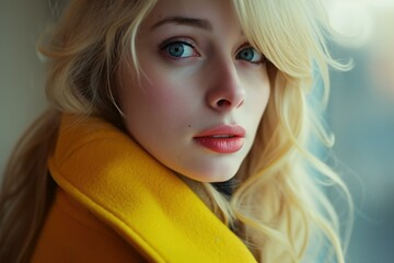 Fototapeta premium Close-up portrait of a woman with blue eyes and blonde hair, wearing a yellow scarf
