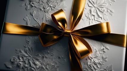 close up of gift box with golden bow