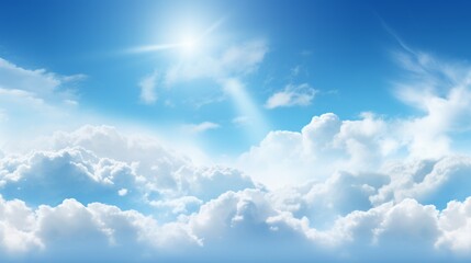 Hot cloudy summer background banner panorama - Blue sky with clouds and glowing sun
