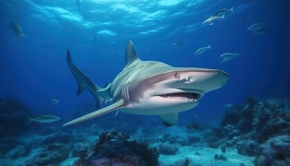 Fototapeta premium Great White Shark in the ocean, portrait of White shark hunting prey in the underwater