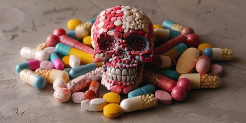 Colorful Pills Surrounding Skull. Generative AI