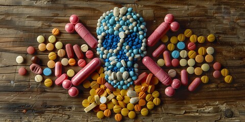 Colorful Pills Skull on Wooden Surface. Generative AI