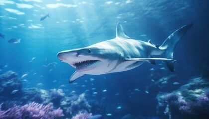 Fototapeta premium Great White Shark in the ocean, portrait of White shark hunting prey in the underwater