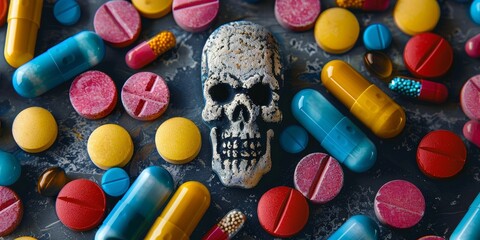 Skull and Pills Surrounded by Colorful Pills. Generative AI