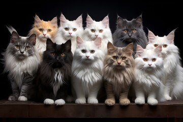 A group lovely looking cats staring directly into the camera , cat picture day