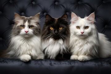 Beautiful black white and grey cats on the black sofa looking into the camera
