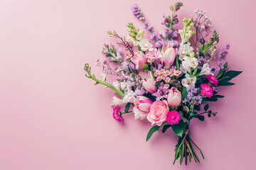 Beautiful composition spring flowers. Bouquet of flowers on pastel pink background Valentine's Day, Easter, Birthday, Happy Women's Day, Mother's Day. Flat lay Floristic decoration