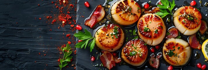 Pancetta wrapped scallops with lemon garlic butter, fresh food banner, top view with copy space