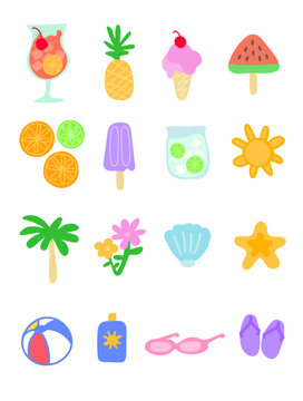 Summer icon set cute pastel tones flat design modern minimal, food, beach, lemon, orange, ice cream, watermelon, popsicle ice, sun, palm.