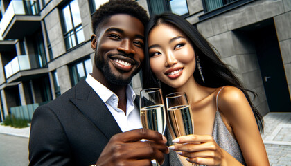A man and a woman are holding champagne glasses and smiling at the camera. Scene is happy and celebratory