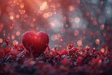 A sparkling red heart centerpiece is surrounded by a bokeh of shimmering lights, evoking warmth and romance