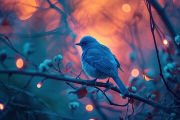 Obraz premium Beautiful bird perched on glowing branches in tranquil twilight nature. Creating serene bokeh with calming hues of blue and orange against a peaceful dusk background. Perfect for outdoor photography