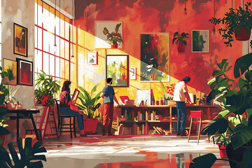 Vibrant artistic workshop scene, perfect for advertising art supplies or creative events.
