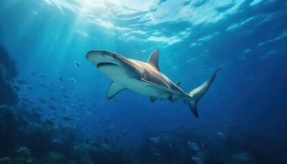 Fototapeta premium Great White Shark in the ocean, portrait of White shark hunting prey in the underwater