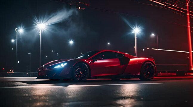 A shiny red sports car at night