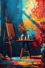 Vibrant artistic workshop scene, perfect for advertising art supplies or creative events. Watercolor illustration.