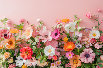 Craft a vibrant floral arrangement on a pastel pink backdrop for Mother's Day celebrations.