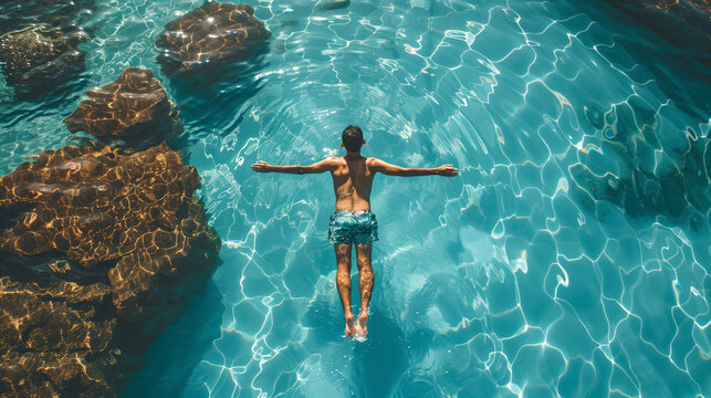 Top view of young man swimming in open sea with rocks underwater. Generative AI