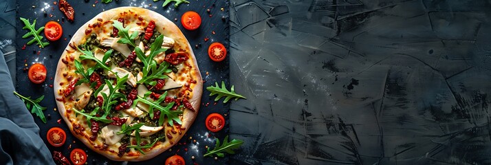 Pesto chicken pizza with sun-dried tomatoes and arugula, top view horizontal food banner with copy space