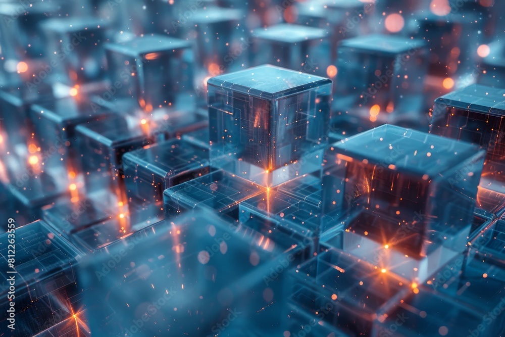 Poster artistic graphic of reflective cubes with glowing edges and floating particles in a dark ambient