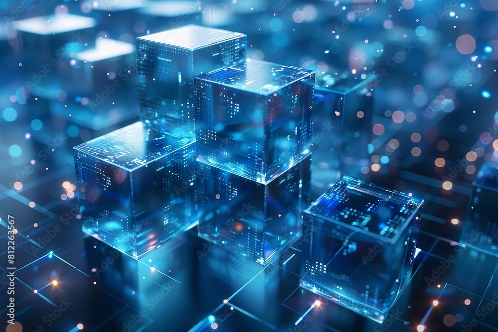 Poster digital rendering of multiple glowing cubes with network lines on a dark blue background