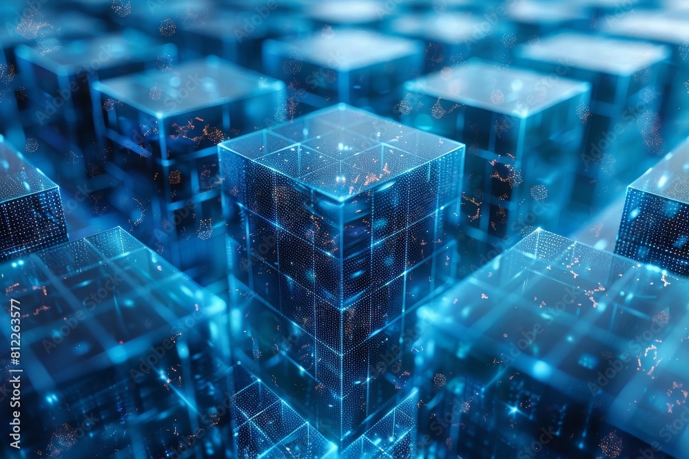Poster this image showcases a network of interconnected glowing cubes with blockchain design, symbolizing t