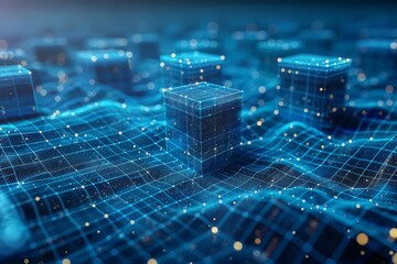 Obraz premium 3D render of wireframe cubes rising from a glowing digital grid with connected lines