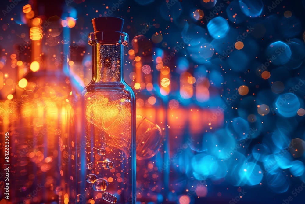 Poster a high-definition image of a glowing liquid in a flask symbolizing experiments and discoveries in a 