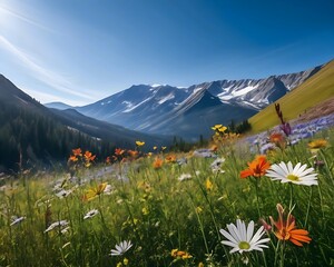 Fototapeta premium Wildflowers against a blue sky in sunny day with mountain