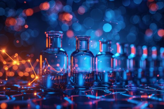 Transparent scientific glassware containing liquids illuminated with a blue neon light in a futuristic setting