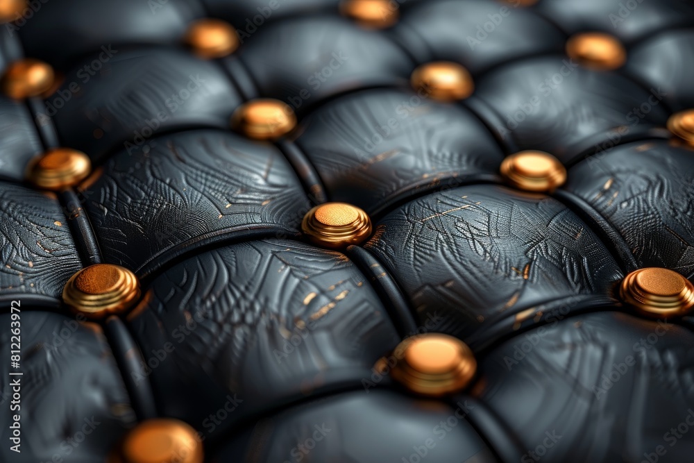 Poster this abstract image shows an array of black textured spheres connected by golden hinges, creating a 