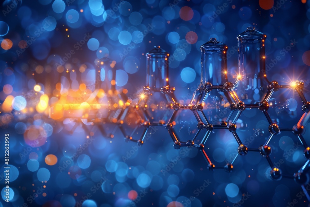 Poster futuristic image featuring laboratory glassware with illuminated connection lines amid a sparkling b