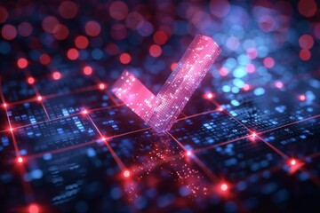 A red-hued digital landscape with a glowing checkmark symbolizing concepts like correct, verified, or secure