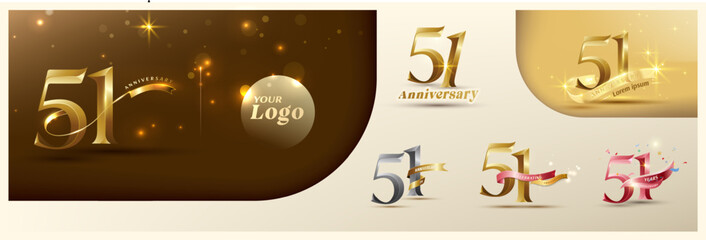 51st anniversary logotype modern gold number with shiny ribbon. alternative logo number Golden anniversary celebration