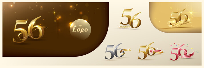 56th anniversary logotype modern gold number with shiny ribbon. alternative logo number Golden anniversary celebration