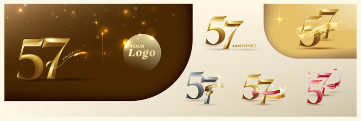 57th anniversary logotype modern gold number with shiny ribbon. alternative logo number Golden anniversary celebration