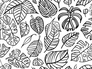 A black and white drawing of various leaves and flowers. Doodle and cartoon style. 