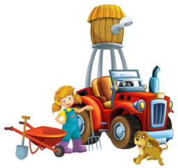 cartoon scene young girl near wheelbarrow and tractor car for different tasks farm animal dog playing farming tools water silo illustration for children