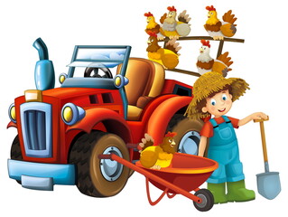 cartoon scene young boy near wheelbarrow and tractor car for different tasks farm animal hen chicken bird playing farming tools illustration for children