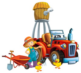 cartoon scene young girl near wheelbarrow and tractor car for different tasks farm animal duck chicken playing farming tools water silo illustration for children