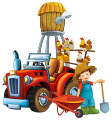 cartoon scene young boy near wheelbarrow and tractor car for different tasks farm animal hen chicken bird playing farming tools illustration for children