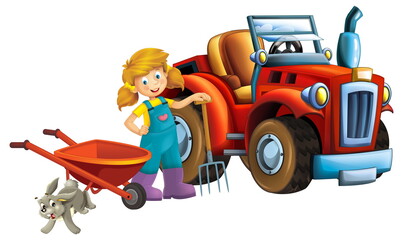cartoon scene young girl near wheelbarrow and tractor car for different tasks farm animal rabbit bunny hare playing farming tools illustration for children