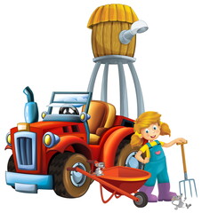 cartoon scene young girl near wheelbarrow and tractor car for different tasks farm animal mouse rat rodent playing farming tools water silo illustration for children