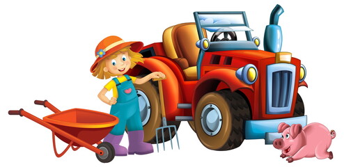 cartoon scene young girl near wheelbarrow and tractor car for different tasks farm animal pig piggy hog playing farming tools illustration for children