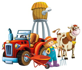 cartoon scene young girl near wheelbarrow and tractor car for different tasks farm animal cow playing farming tools water silo illustration for children