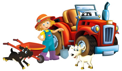 cartoon scene young girl near wheelbarrow and tractor car for different tasks farm animal goat playing farming tools illustration for children